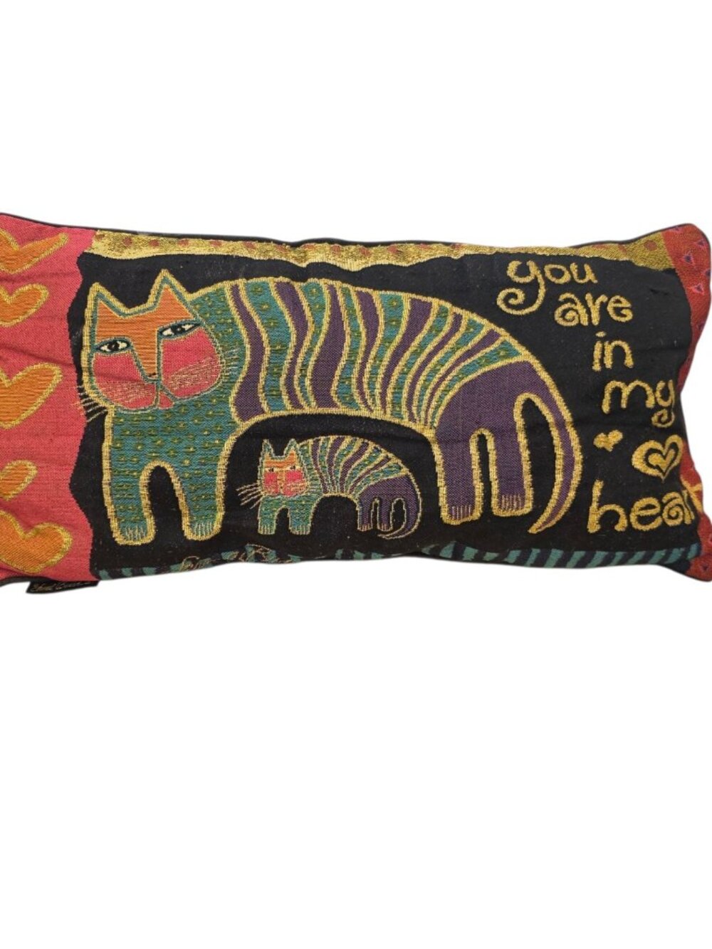Vtg Laurel Burch Cat Throw Pillow You Are In My Heart Lumbar Rectangle 23"×12"
